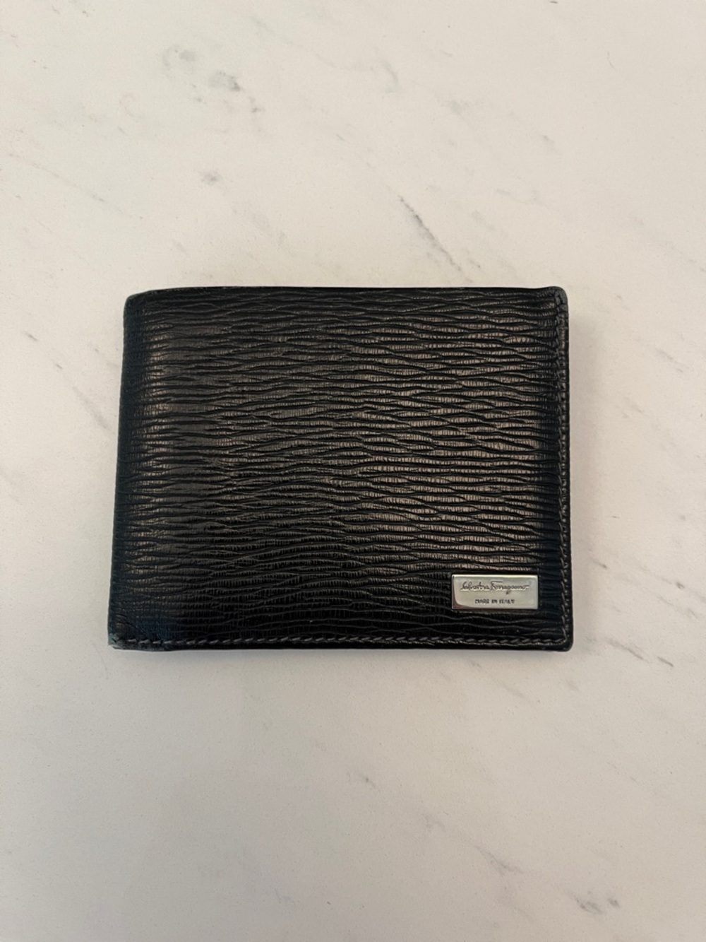 Salvatore Ferragamo Black Textured Leather Wallet with Logo Plaque